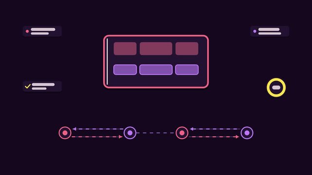 Seamless 4K looping animation explaining subtitle track sync, with the diagram aligning captions. Flat vector shapes, glowing purple and violet connector lines and dark UI cards with blank text placeh