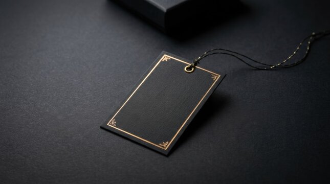 A sleek, black rectangular tag with a gold border and string lies on a dark textured surface next to a black object, evoking a minimalist, elegant style.
