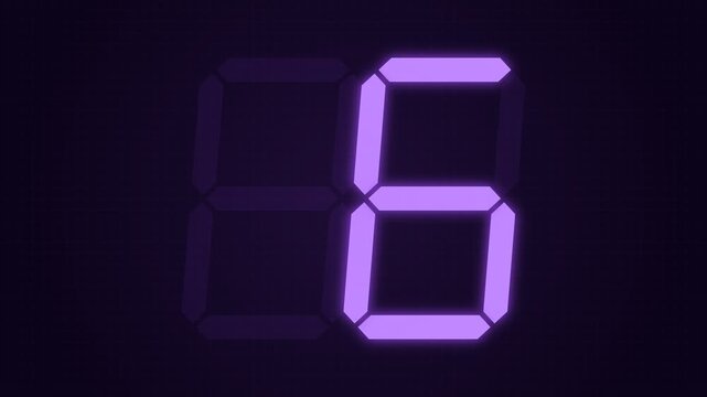 Digital countdown timer showing numbers 00 5 0 in sequence with purple glowing segments against a dark background