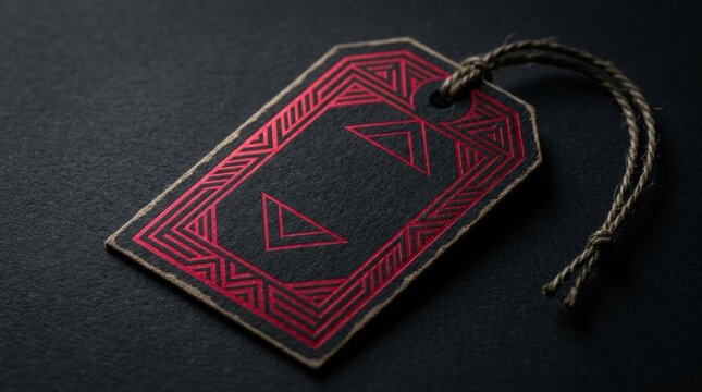 A black and red geometric-patterned tag with a braided string lies on a dark textured surface.
