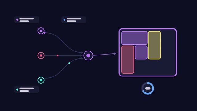 Seamless 4K looping animation explaining bin packing placement, with the diagram fitting containers. Flat vector shapes, glowing purple and violet connector lines and dark UI cards with blank text pla