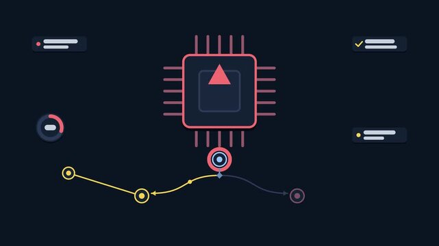 Seamless 4K looping animation explaining spot interruption handling, with the diagram relocating workloads. Flat vector shapes, glowing blue and azure connector lines and dark UI cards with blank text