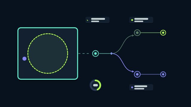 Seamless 4K looping animation explaining geofence trigger zone, with the diagram detecting crossings. Flat vector shapes, glowing teal and turquoise connector lines and dark UI cards with blank text p
