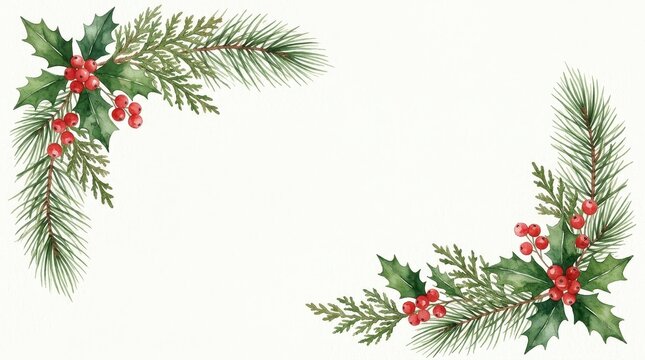Watercolor Christmas Corner Frame with Holly Leaves, Red Berries, Pine and Cedar Branches on White Background