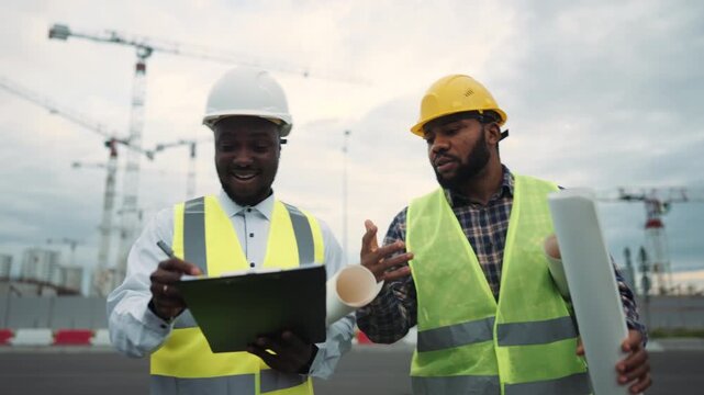 Two joyful builders walking on construction site, discussing work and life. Portrait of colleagues and partners in construction business. African american men communicating by work, blue collars