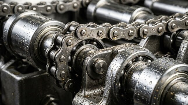 Close up view of heavy industrial machinery featuring shiny metal roller chains and rotating bearings covered with water droplets