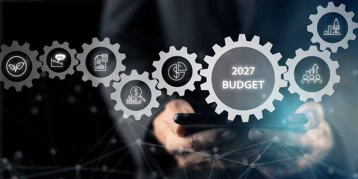 2027 Business Budget, Financial Planning and Sustainable Growth Strategy. Digital gears and 2027 budget icons. Fnancial planning, cost management, sustainability, carbon reduction and business growth.