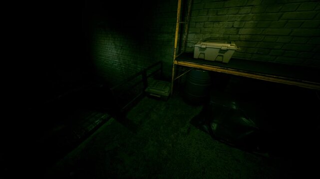 In a dark, cramped space, shadows blend with faint green hues. An old chair and forgotten objects hint at untold stories lingering in the damp air, creating a haunting atmosphere.