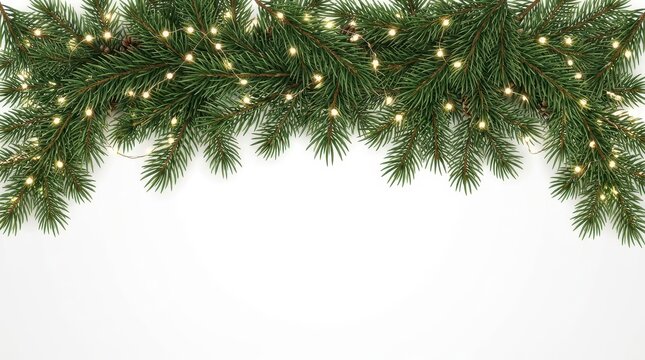 Christmas Fir Branches with Warm Fairy Lights Border on White Background for Holiday Design and Greeting Cards