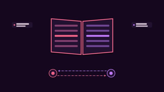 Seamless 4K looping animation explaining ebook reading sync, with the diagram matching pages. Flat vector shapes, glowing purple and violet connector lines and dark UI cards with blank text placeholde