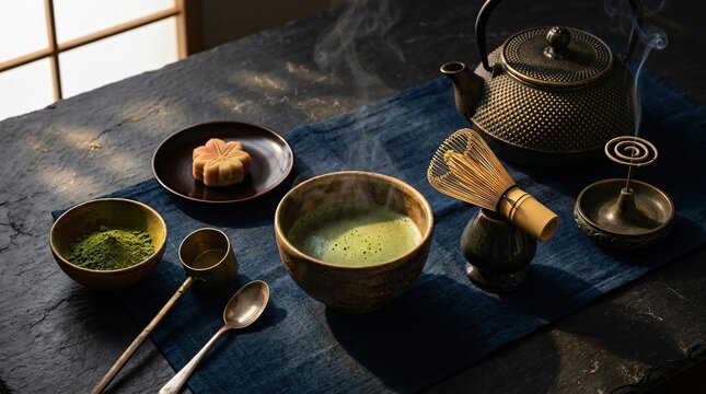 Traditional Matcha Tea Set with Green Tea Powder and Wagashi on Dark Wooden Table