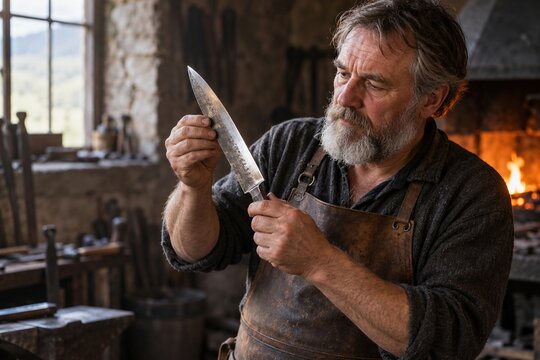Senior bearded blacksmith inspecting hand forged steel knife blade in rustic smithy workshop with glowing forge, quality check