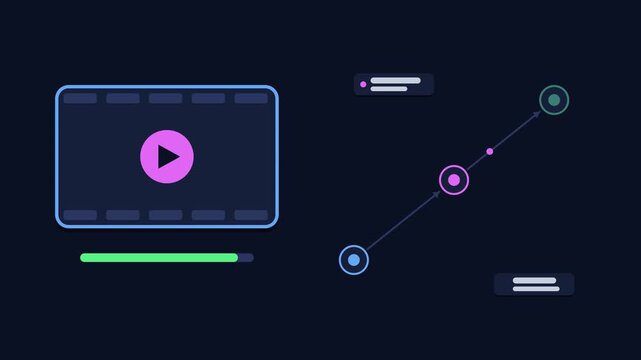 Seamless 4K looping animation explaining video upload publish, with the diagram sharing clips. Flat vector shapes, glowing blue and azure connector lines and dark UI cards with blank text placeholders