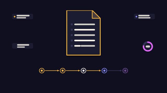 Seamless 4K looping animation explaining redaction pass, with the diagram masking passages. Flat vector shapes, glowing orange and amber connector lines and dark UI cards with blank text placeholders 