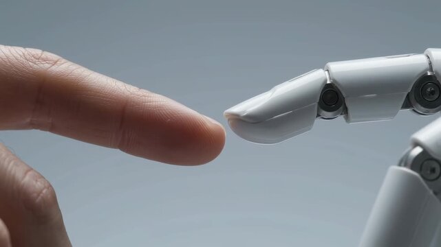 Macro slow-motion shot of a human and white robotic hand reaching toward each other, fingertips touching with a soft blue glow.