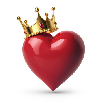 A shiny red heart shape wearing a luxurious golden royal crown transparent background