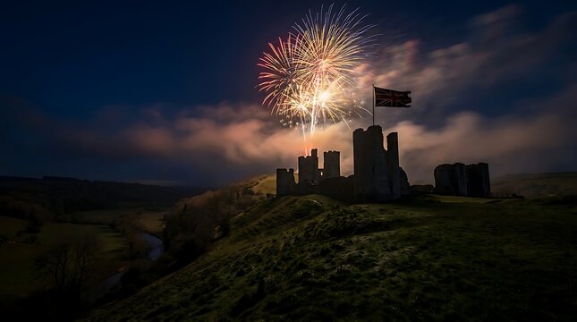 Corfe castle ruins at night with fireworks and uk flag