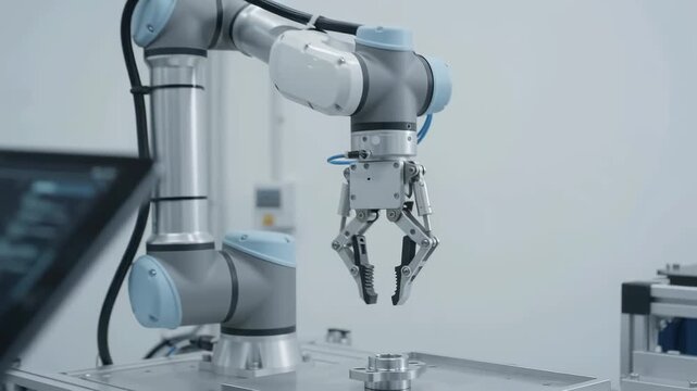 Young technician programming a collaborative robot arm with a tablet in a high-tech workshop, as the robotic gripper precisely picks up and places a metal part.