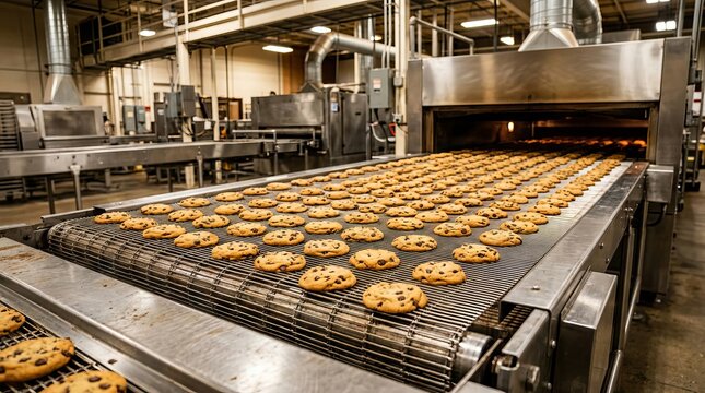 Industrial conveyor belt moving freshly baked chocolate chip cookies from a commercial oven in a large food manufacturing facility