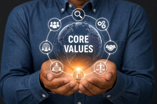 Person cradling glowing globe graphic with core values icons surrounding in professional meeting