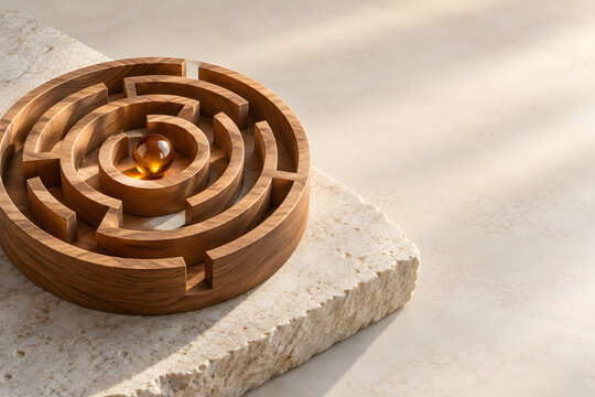 Wooden Maze with Glass Orb: A circular wooden maze with a golden glass orb at its center sits on a textured stone surface, casting soft shadows in the sunlight.