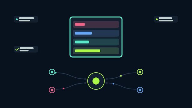Seamless 4K looping animation explaining relevance scoring factors, with the diagram ranking results. Flat vector shapes, glowing teal and turquoise connector lines and dark UI cards with blank text p