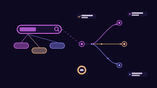 Seamless 4K looping animation explaining synonym expansion, with the diagram broadening queries. Flat vector shapes, glowing purple and violet connector lines and dark UI cards with blank text placeho