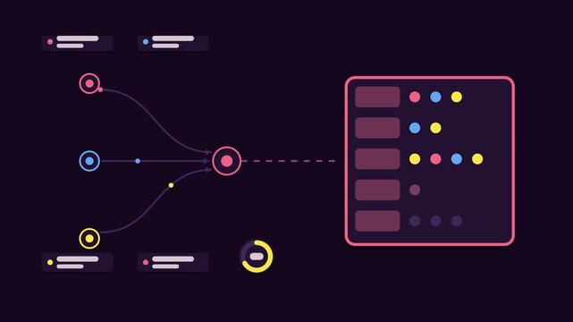 Seamless 4K looping animation explaining inverted index build, with the diagram mapping terms. Flat vector shapes, glowing purple and violet connector lines and dark UI cards with blank text placehold