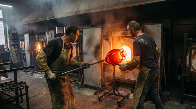 Artisan Glassblowers Shaping Molten Glowing Red Glass Vase with Blowpipe at Fiery Furnace