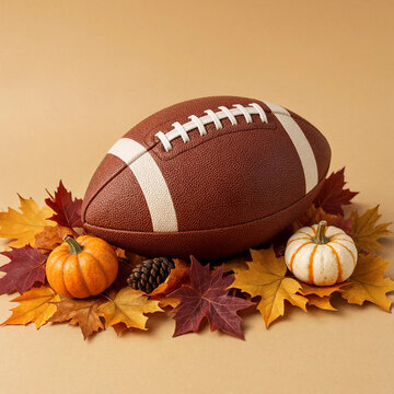 American football ball surrounded by autumn leaves and mini pumpkins on beige background transparent background