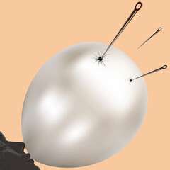 Fototapeta premium Minimalistyczna ilustracja konceptualna igieł przebijających nadmuchany balon, metafora kruchego ego i pękającej iluzji