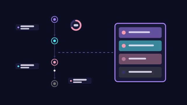 Animated init sequence order concept in a modern dark mode style, starting components in a smooth 4K seamless loop. Neon blue and azure accents, flowing dots and placeholder interface cards on a dark 