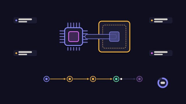 Animated device passthrough mapping concept in a modern dark mode style, exposing hardware in a smooth 4K seamless loop. Neon blue and azure accents, flowing dots and placeholder interface cards on a 
