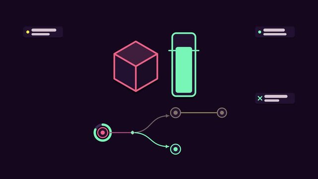 Animated resource quota enforcement concept in a modern dark mode style, capping usage in a smooth 4K seamless loop. Neon purple and violet accents, flowing dots and placeholder interface cards on a d