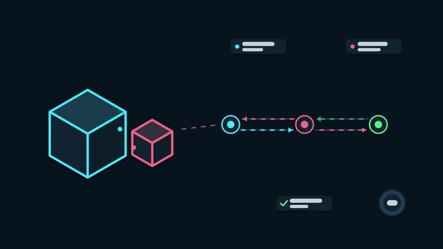 Seamless 4K looping animation explaining sidecar companion pattern, with the diagram proxying traffic. Flat vector shapes, glowing blue and azure connector lines and dark UI cards with blank text plac