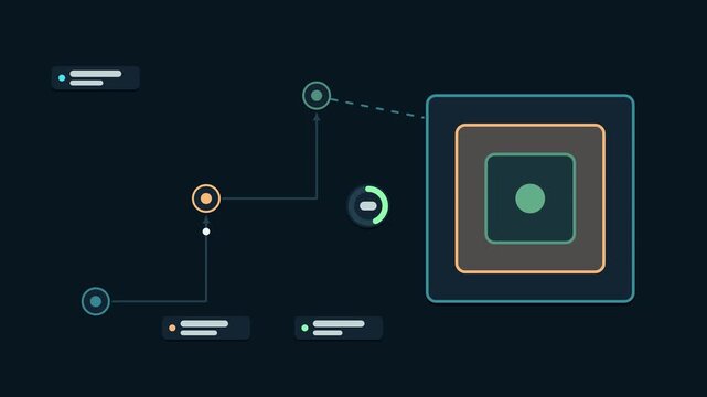 Animated nested virtualization layers concept in a modern dark mode style, stacking hosts in a smooth 4K seamless loop. Neon teal and turquoise accents, flowing dots and placeholder interface cards on
