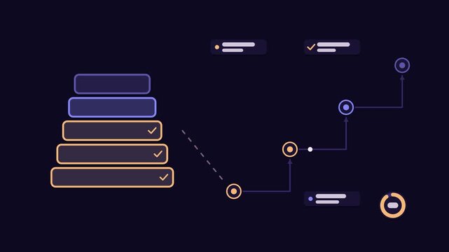 Animated image layer cache concept in a modern dark mode style, reusing layers in a smooth 4K seamless loop. Neon purple and violet accents, flowing dots and placeholder interface cards on a dark back