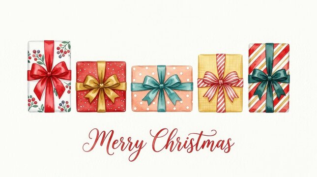 Watercolor Christmas Gift Boxes Illustration with Merry Christmas Text Greeting Card Design on White Background