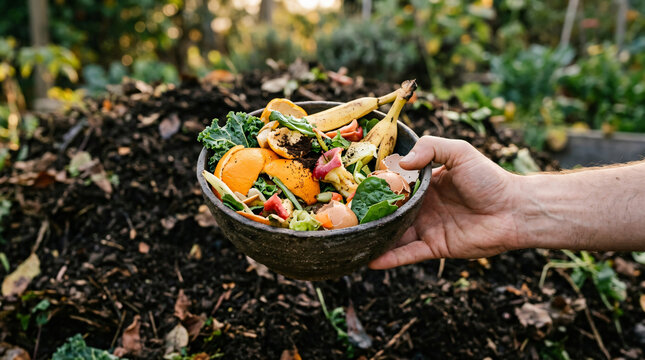 A hand holding a bowl of organic food waste ready for composting in a garden.