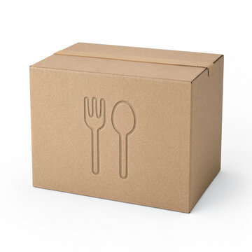 Closed cardboard delivery box with embossed fork and spoon food service icon design transparent background