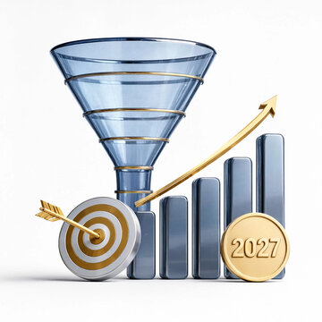Business sales funnel with upward growth chart arrow target and year twenty twenty seven gold coin transparent background
