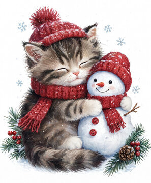 Cute fluffy tabby kitten hugging a small snowman wearing red hats and scarves in winter time transparent background