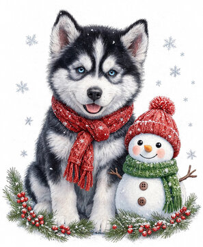 Cute fluffy husky puppy wearing a red scarf sitting next to a smiling snowman with pine branches and berries transparent background