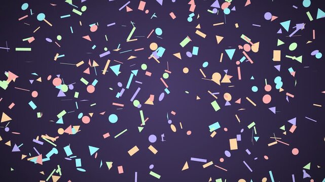 Confetti falling in pastel colors on a dark purple background, a festive celebration concept