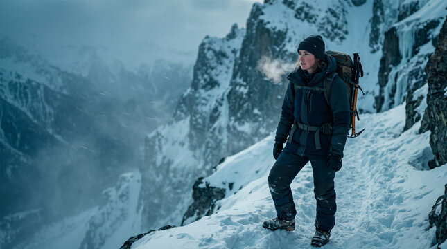 Winter Mountaineer in Warm Down Jacket and Beanie Breathing Frosty Air on Snowy Ridge