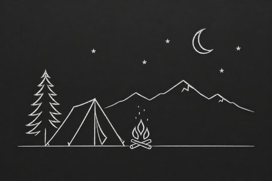 Chalk drawing of camping tent with campfire, mountains and crescent moon on blackboard