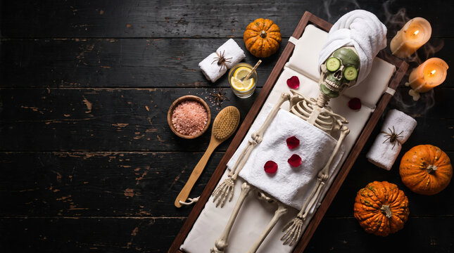 Skeleton spa day: a full skeleton relaxing in a bath with cucumber slices, face mask and candles, real pumpkins and spiders around. Flat lay. Mockup with empty space for Halloween style product.
