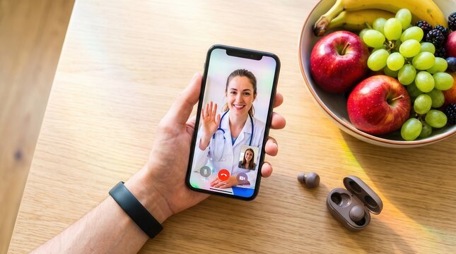 Person holding smartphone for telemedicine video call with doctor, featuring healthy fruit bowl and fitness tracker for digital healthcare and remote medical consultation marketing.