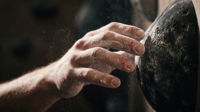 Close up of chalked hand reaching for a climbing hold in an indoor gym, capturing grit and athletic determination for fitness motivation and bouldering lifestyle marketing.