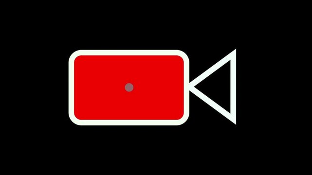 White video camera recording line icon animation with flashing red dot loop on black background for media interface overlay...